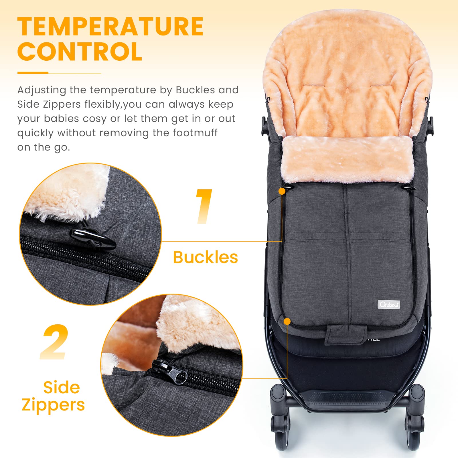 Orzbow stroller footmuff back-design keeps baby snug with secure seat coverage.