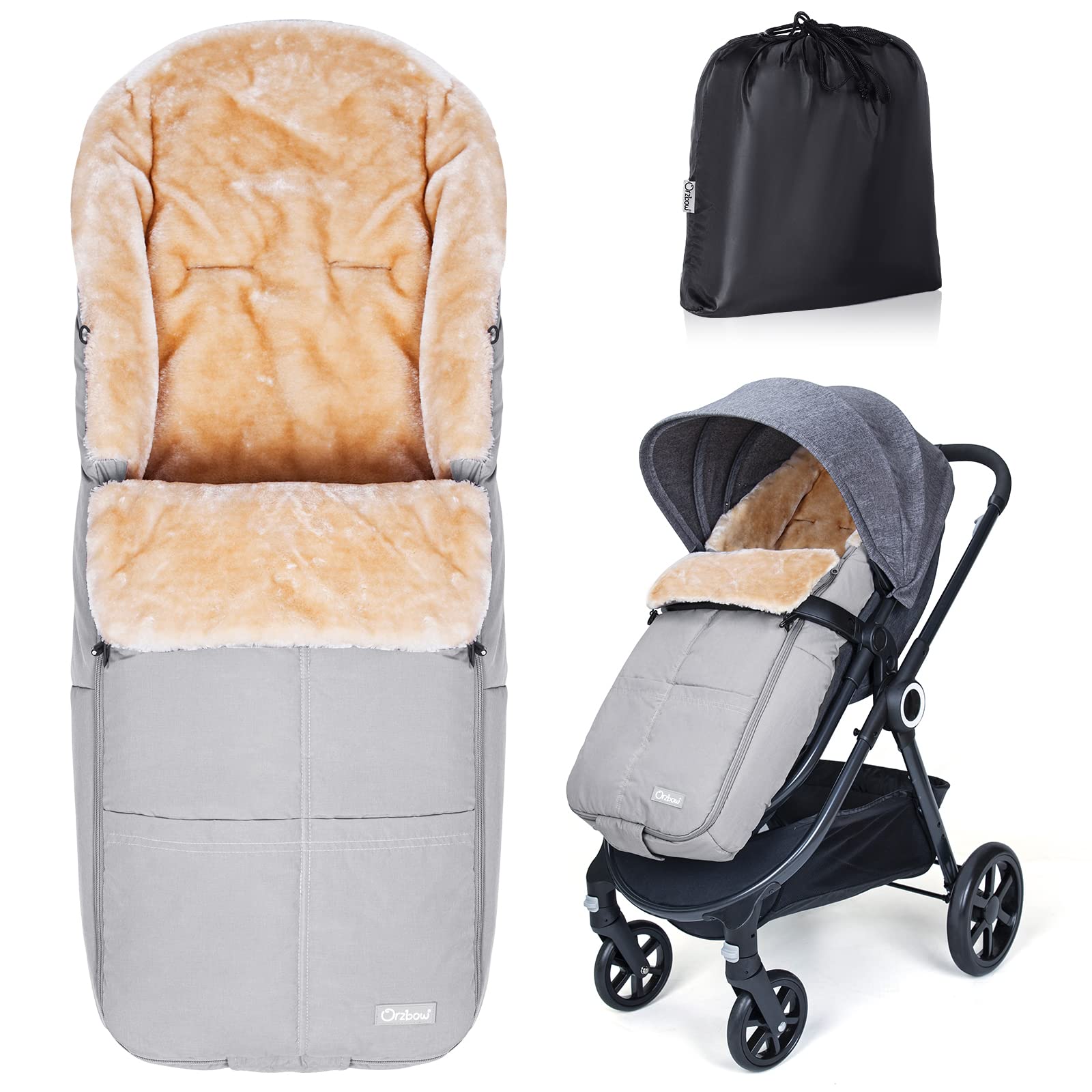 Orzbow Stroller Footmuff faux sheepskin close-up showing plush warmth and breathable insulation for cold days.