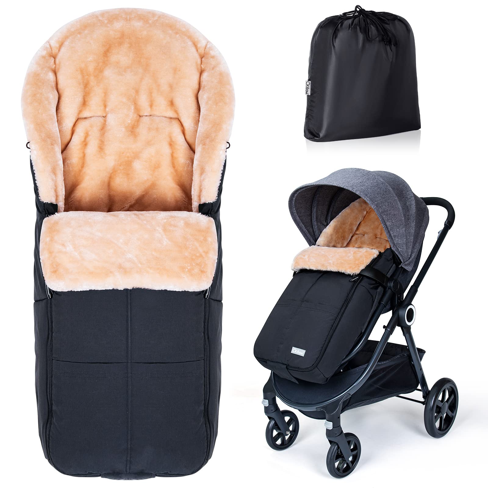 Orzbow stroller footmuff front view highlights cozy faux shearling warmth for winter strolls.