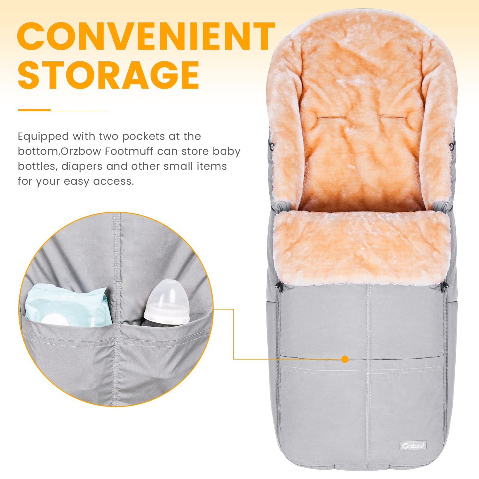 Orzbow Stroller Footmuff universal fit with safety straps fits many strollers and car seats.