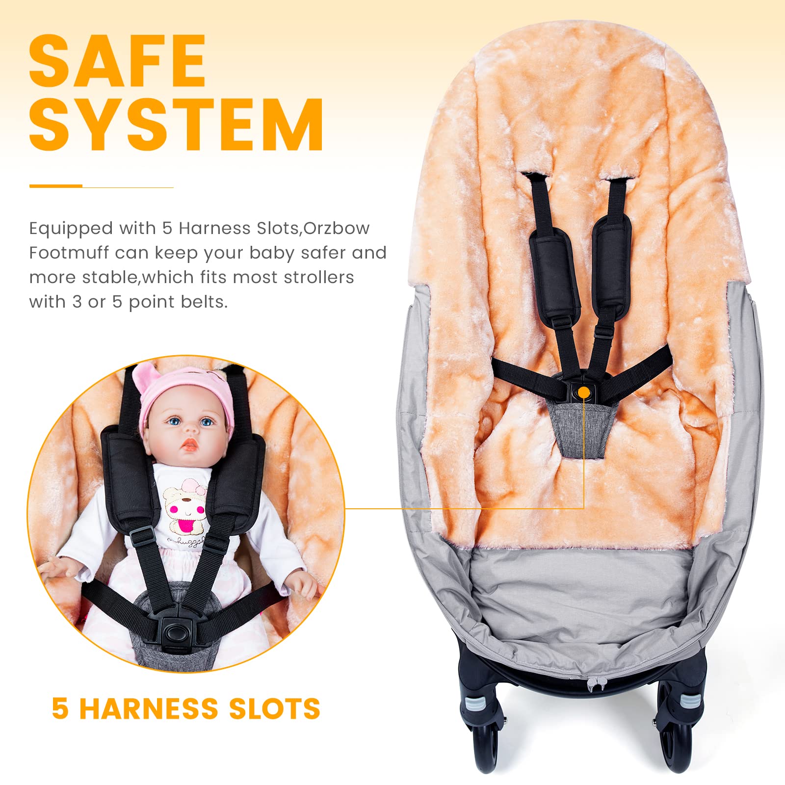 Orzbow Stroller Footmuff water-resistant exterior shields against snow and wind during outings.