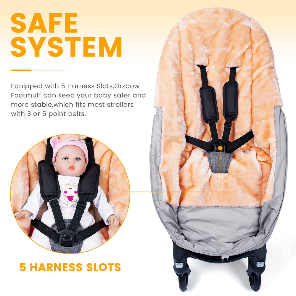 Orzbow Stroller Footmuff water-resistant exterior shields against snow and wind during outings.