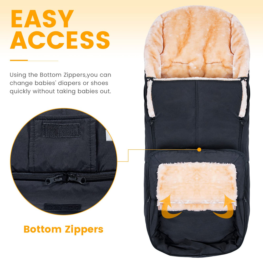 Orzbow stroller footmuff water-resistant exterior protects against snow and splashes.