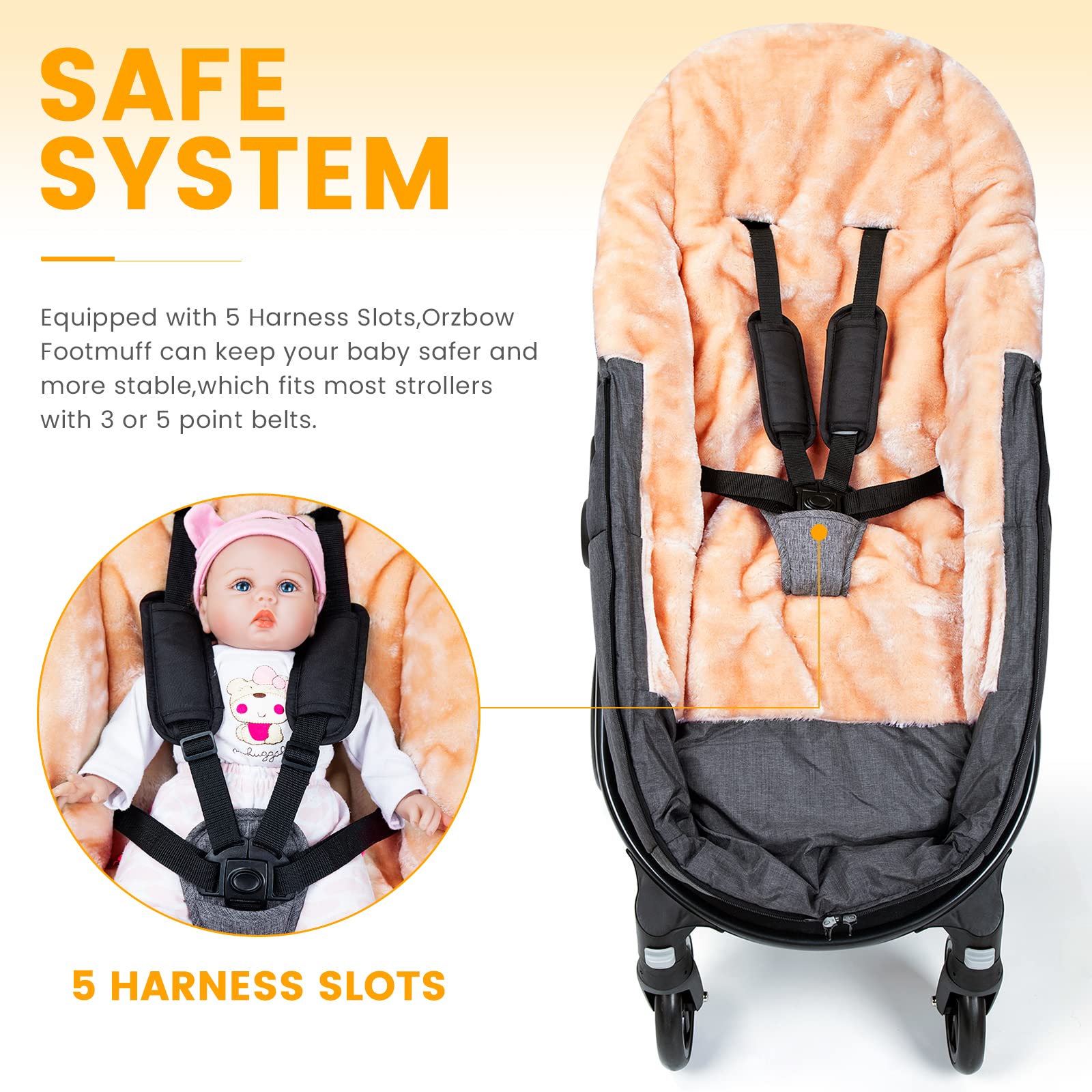 Orzbow stroller footmuff waterproof exterior blocks wind and snow during walks.