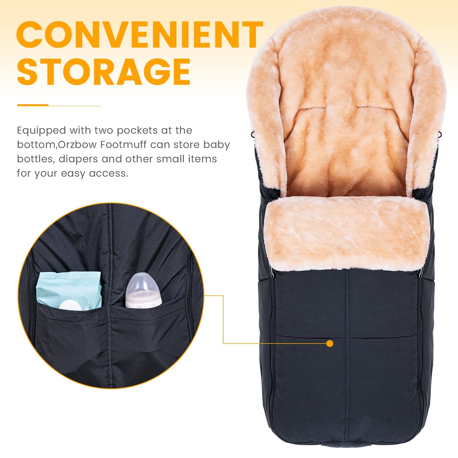 Orzbow footmuff windproof bottom shields against gusts during cold walks.