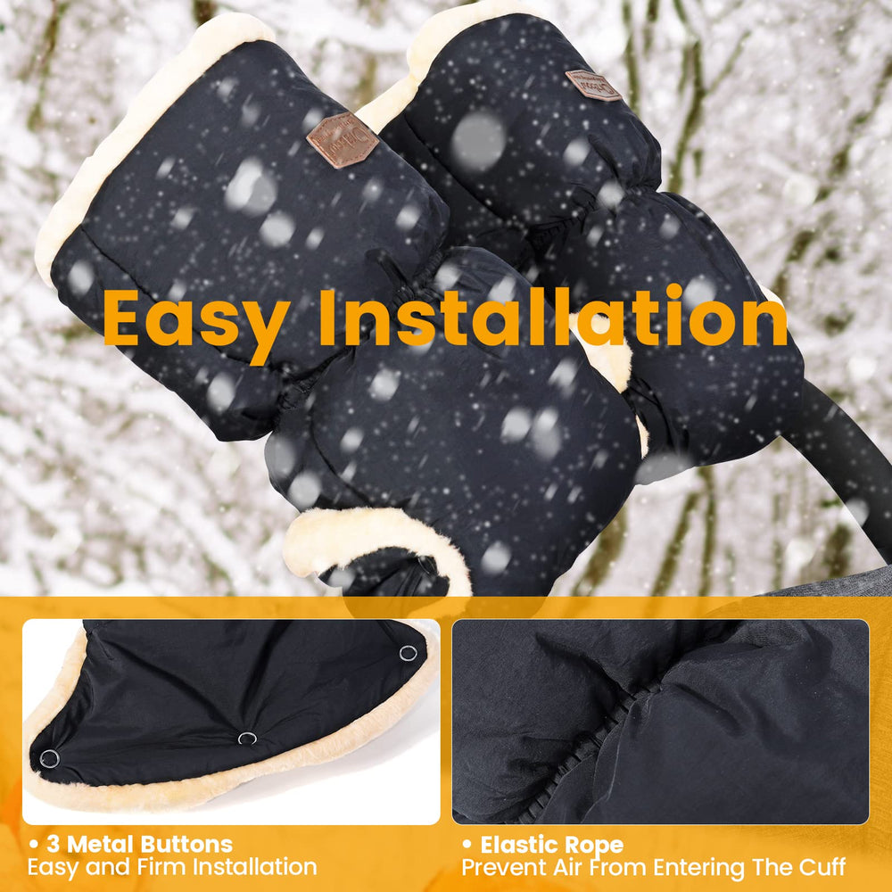 Orzbow stroller gloves wrapped around a handlebar show secure fit without slipping.