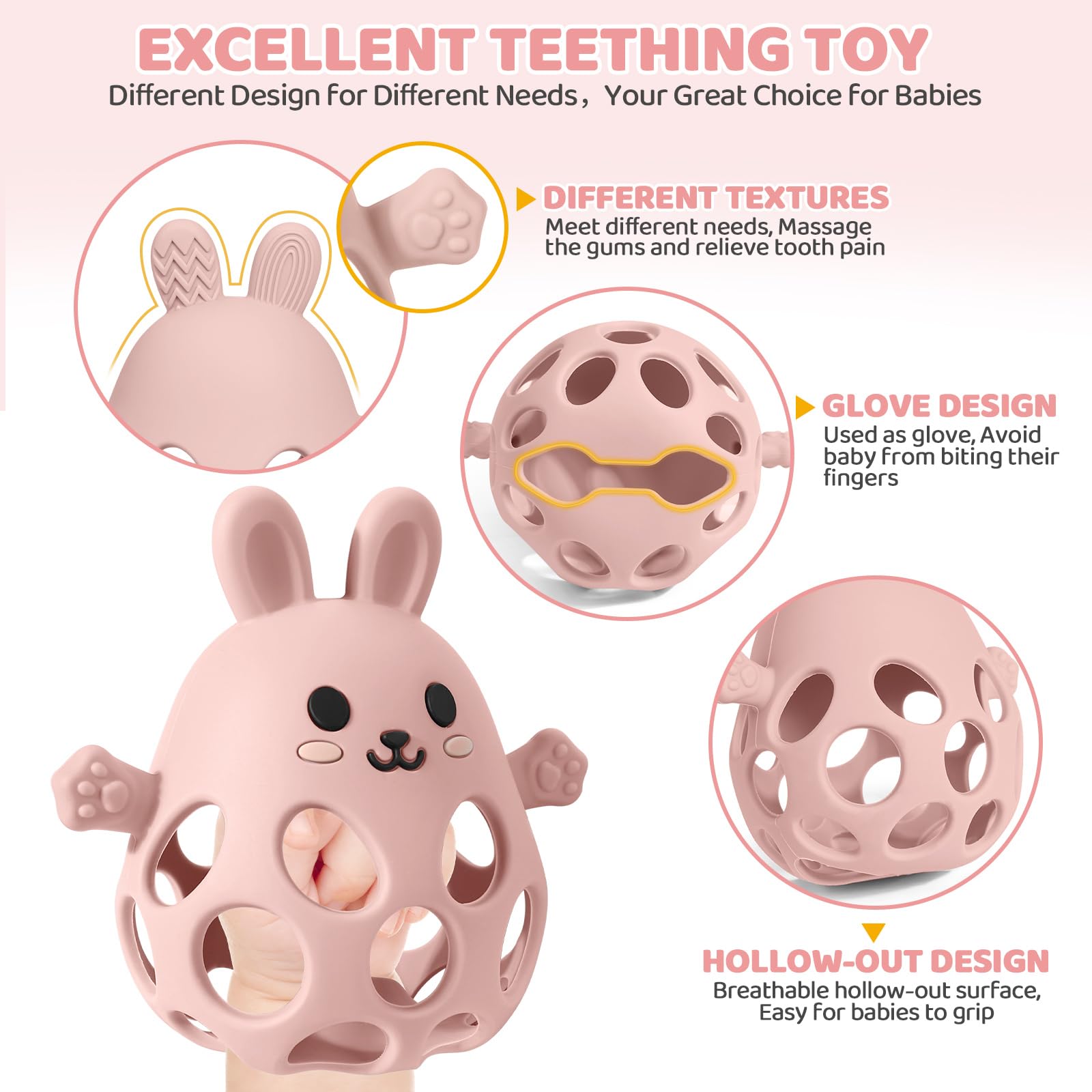 Orzbow pink teething mitten; easy grip for tiny hands.