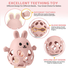 Orzbow pink teething mitten; easy grip for tiny hands.