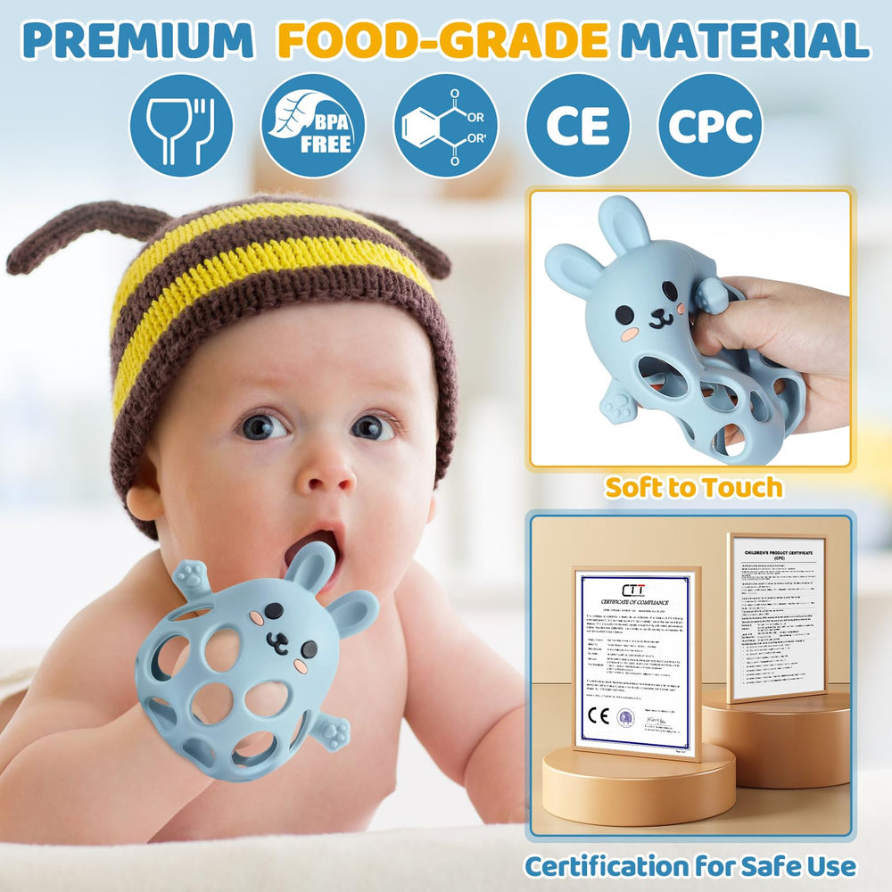 Orzbow textured-surface teether blue shown during grasping practice encourages fine-motor skills.