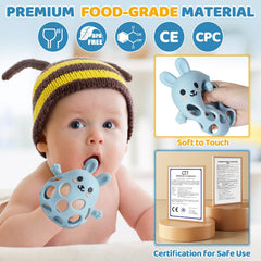 Orzbow textured-surface teether blue shown during grasping practice encourages fine-motor skills.