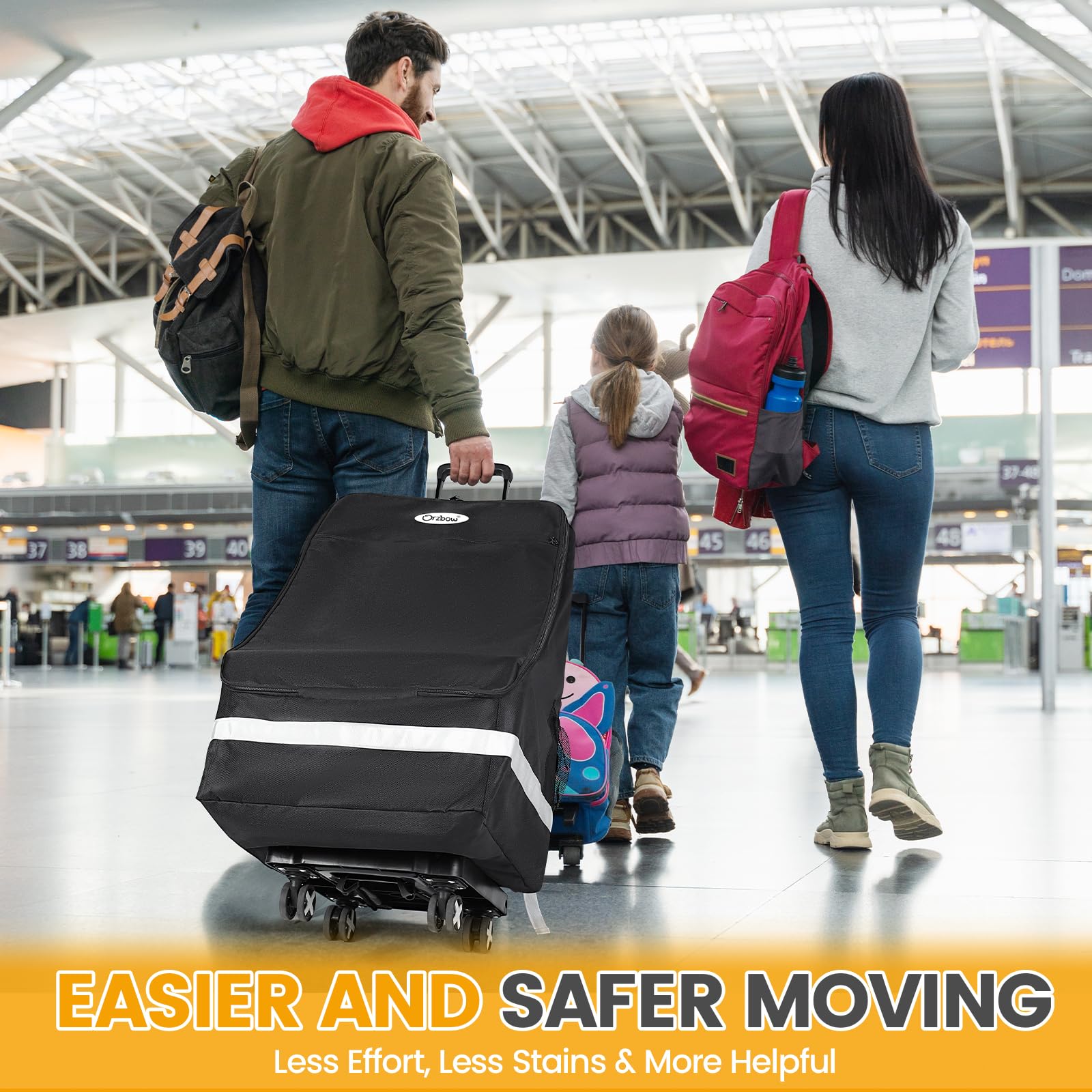 Orzbow travel use with car seat on cart demonstrates tidy, dirt-free gate check