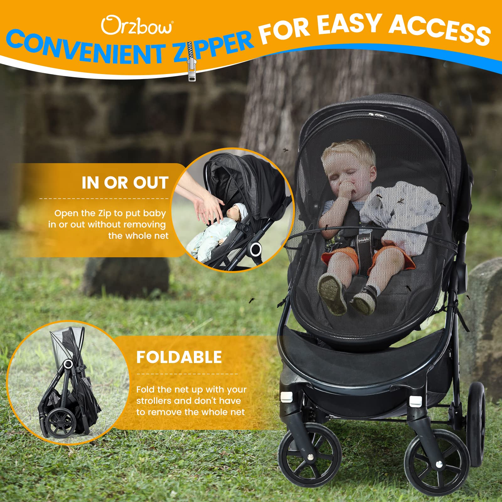 Orzbow two-way zipper design enables easy baby access without removal