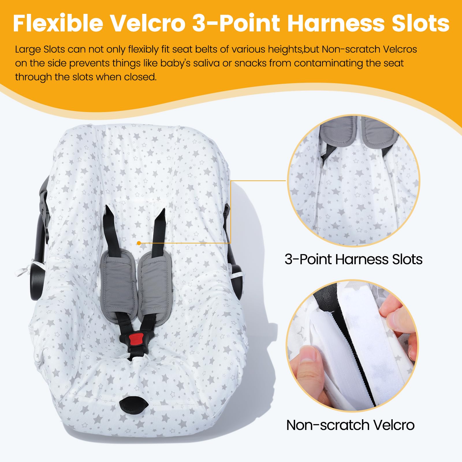 Orzbow universal-fit car seat cover in use demonstrates compatibility with many travel systems.