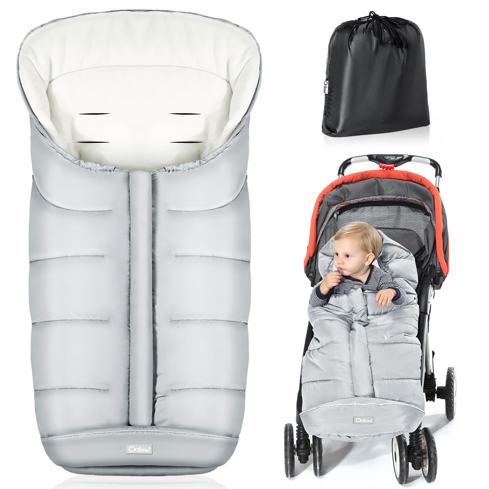 Orzbow universal footmuff shows baby wearing warm winter protection on a stroller.