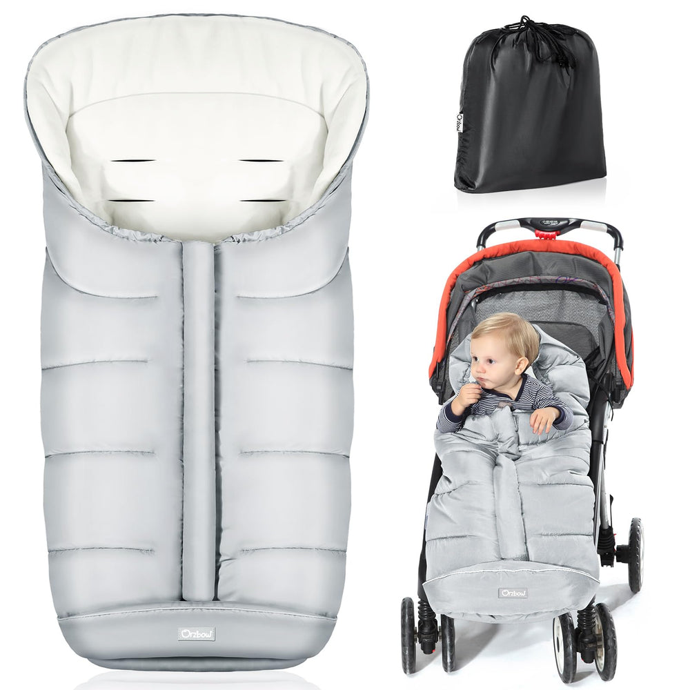 Orzbow universal footmuff shows baby wearing warm winter protection on a stroller.