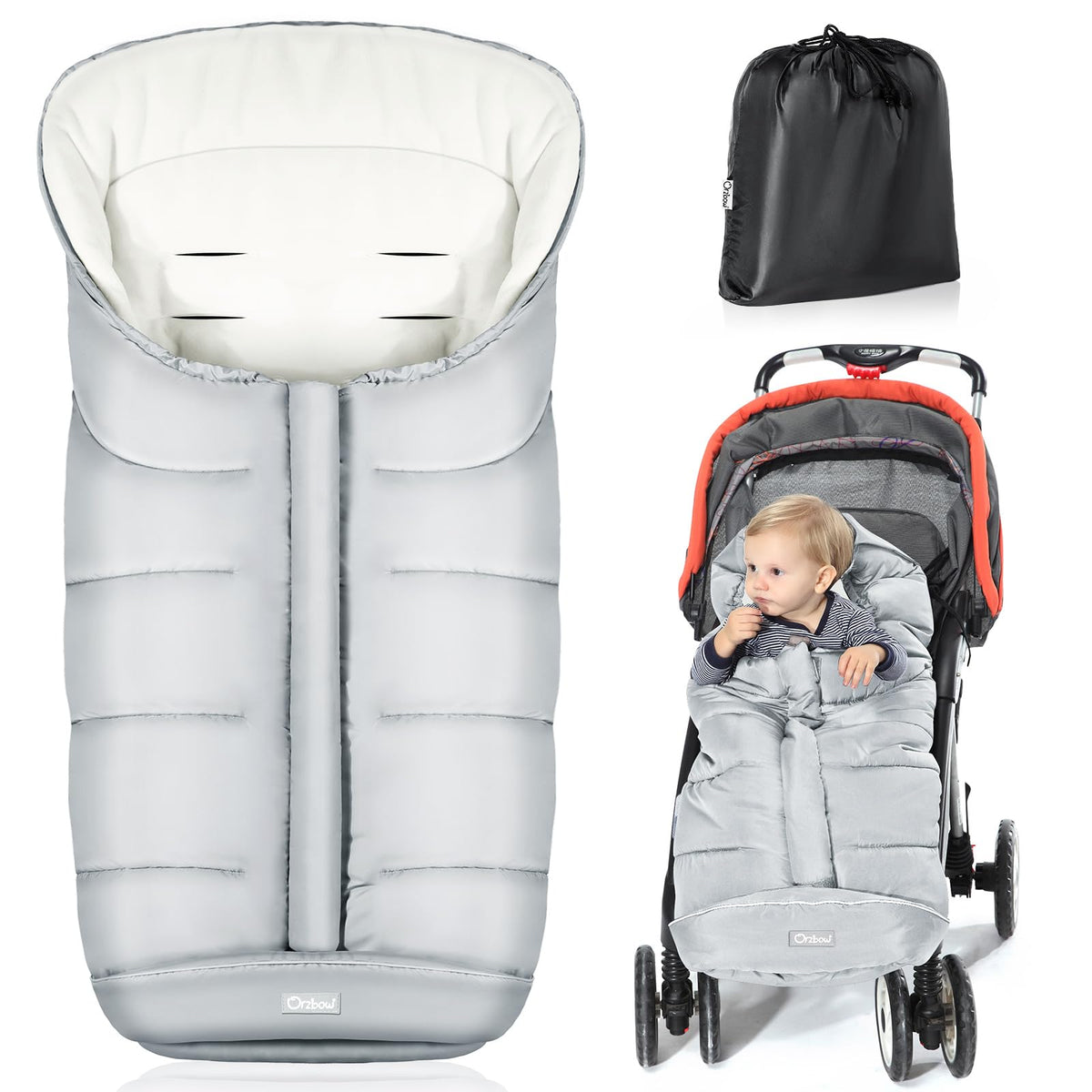 Orzbow universal footmuff shows baby wearing warm winter protection on a stroller.