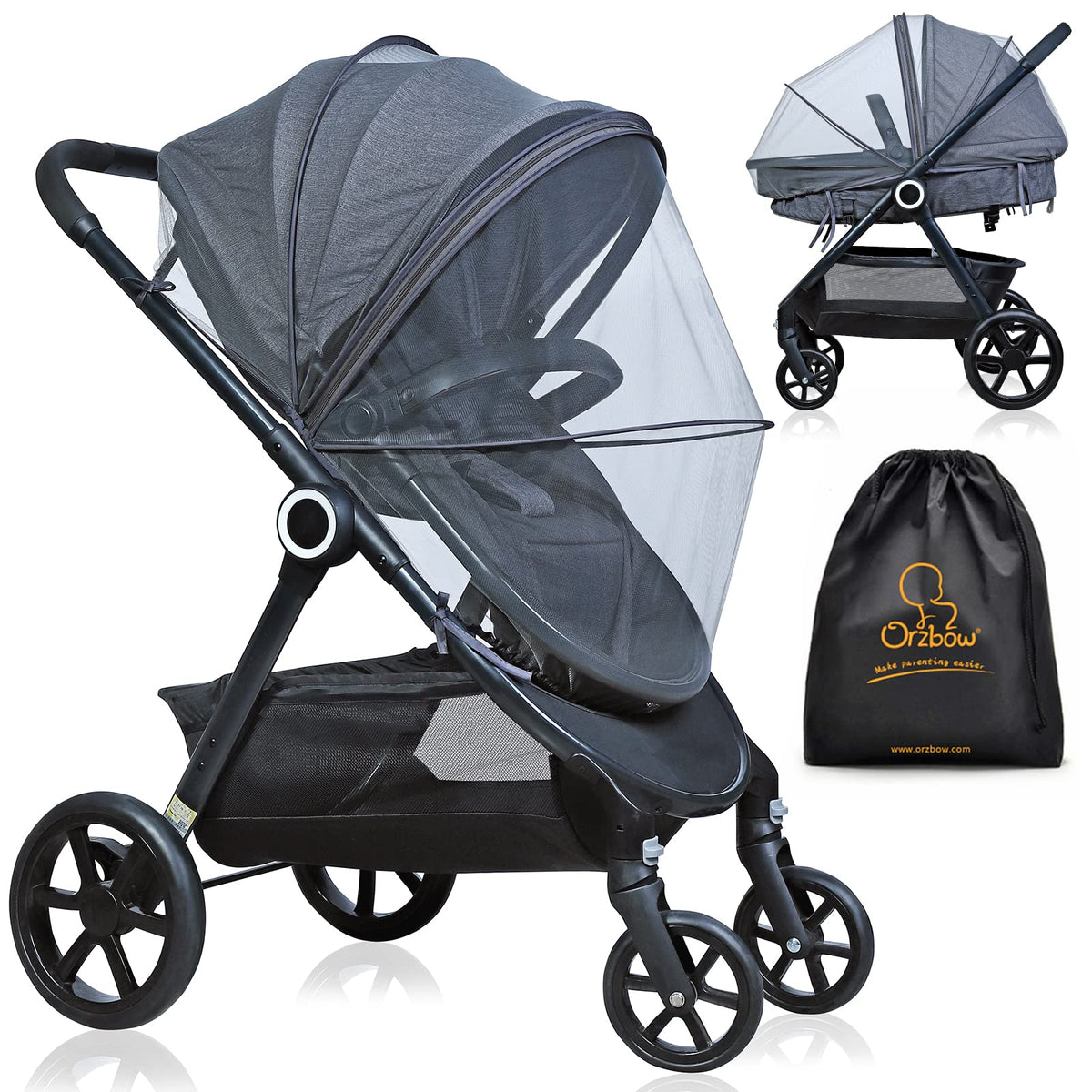 Orzbow universal mosquito net on a stroller setup showing wind-stable protection and breathability