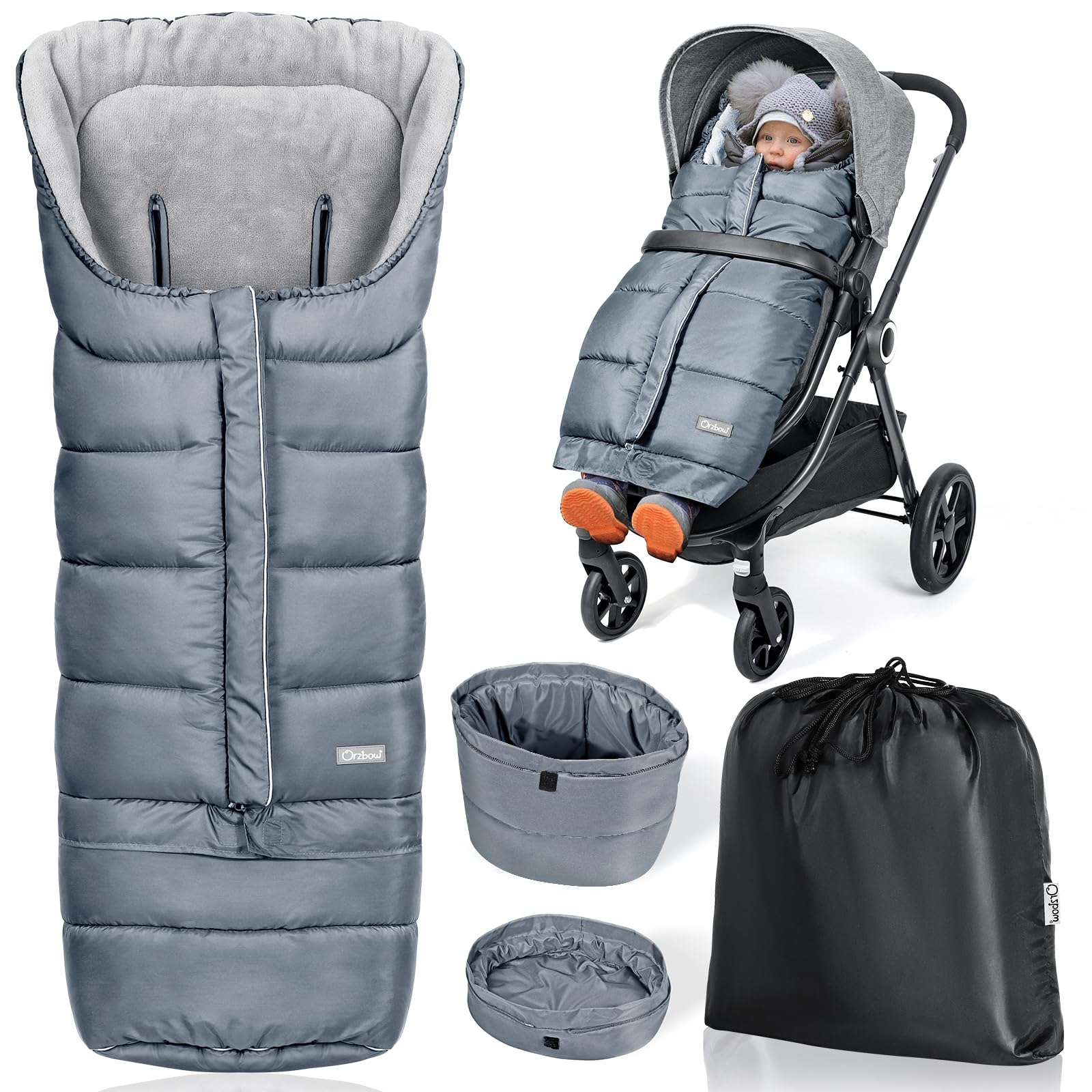 Orzbow universal stroller bunting bag gray demonstrates full coverage for cold weather comfort.