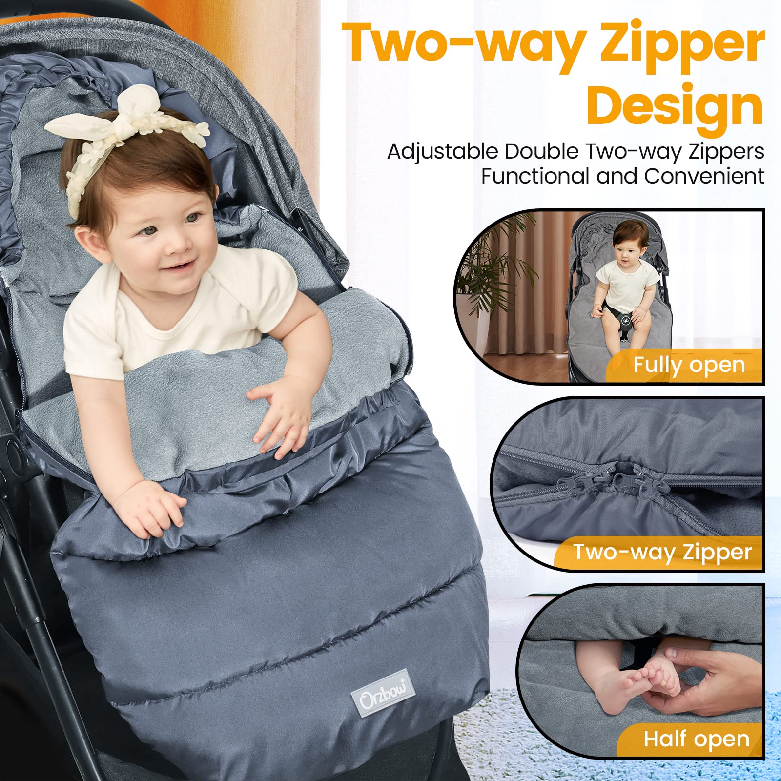 Orzbow universal stroller footmuff fleece lining close-up highlights plush insulation.
