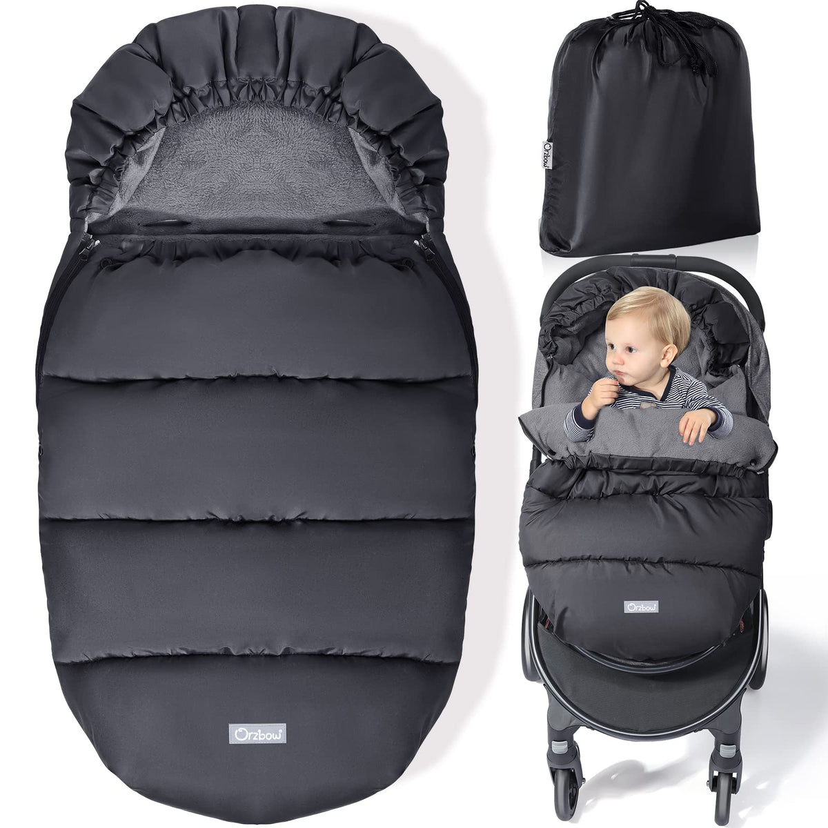 Orzbow stroller footmuff hood closeup shields baby's face from cold air during winter walks