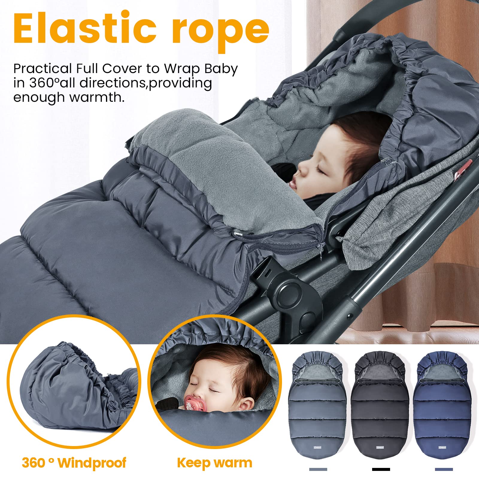 Orzbow universal stroller footmuff demonstrates universal fit with stroller and car seat compatibility.