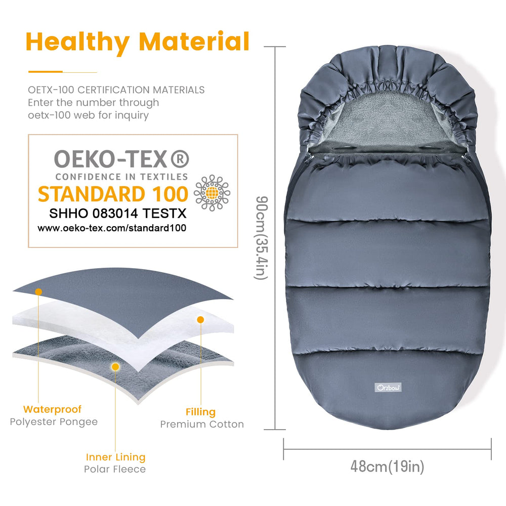 Orzbow universal stroller footmuff waterproof fabric protects against drizzle during winter strolls.