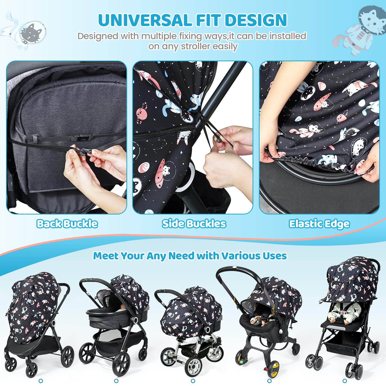 Orzbow universal sun shade uses flexible fixation on most strollers for easy setup.