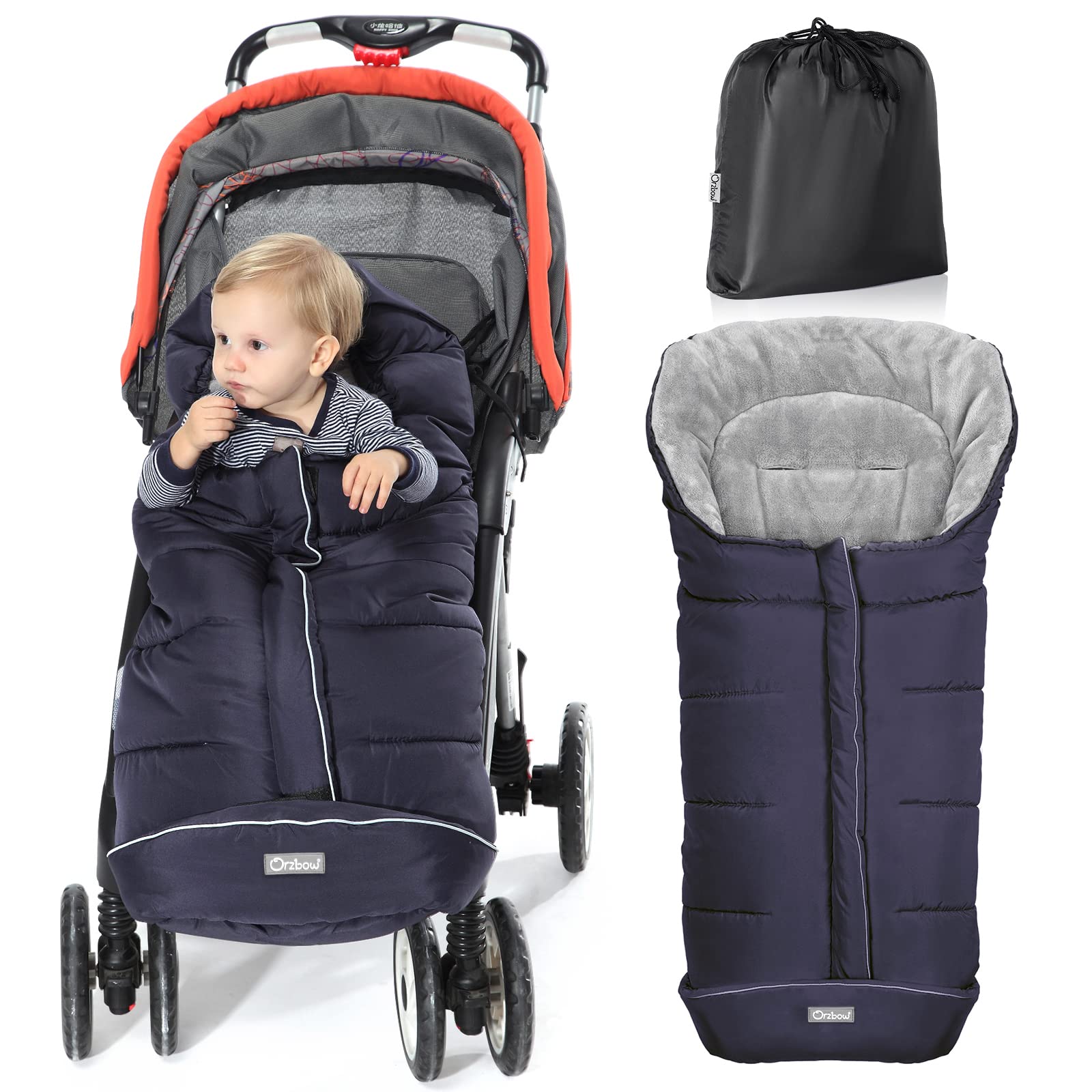 Orzbow Warm Bunting Bag blue front view shows full stroller coverage for cold walks