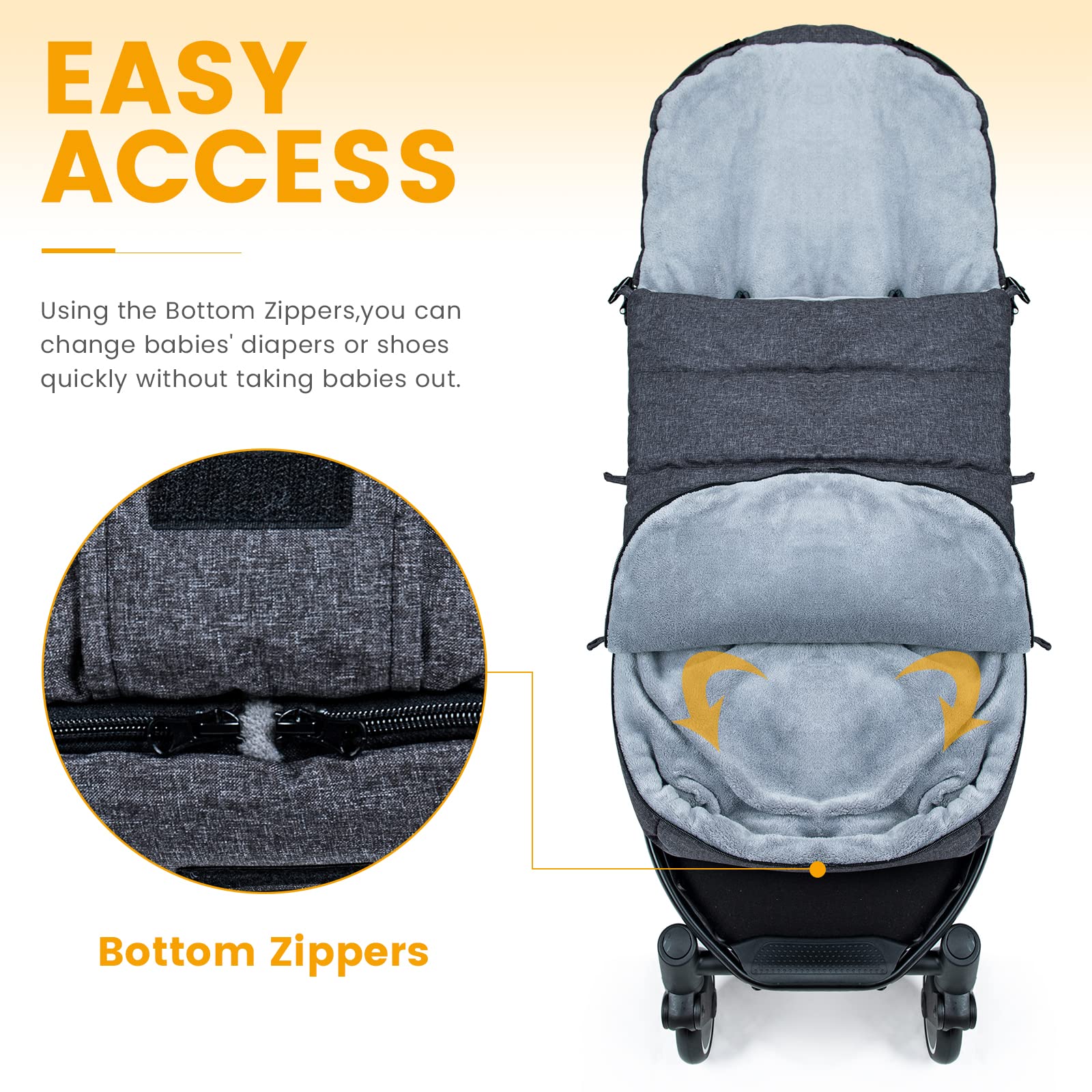 Orzbow Warm Bunting Bag bottom open view for quick diaper changes without removing baby.