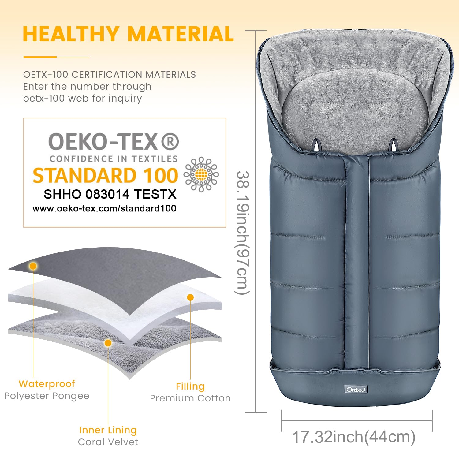 Orzbow warm bunting bag with dual-zip design allows easy diaper changes.