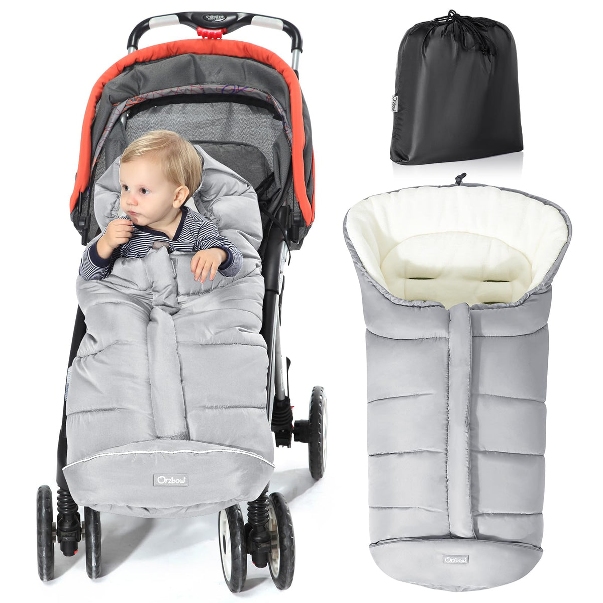 Orzbow warm bunting bag full coverage on stroller for secure warmth during cold walks.