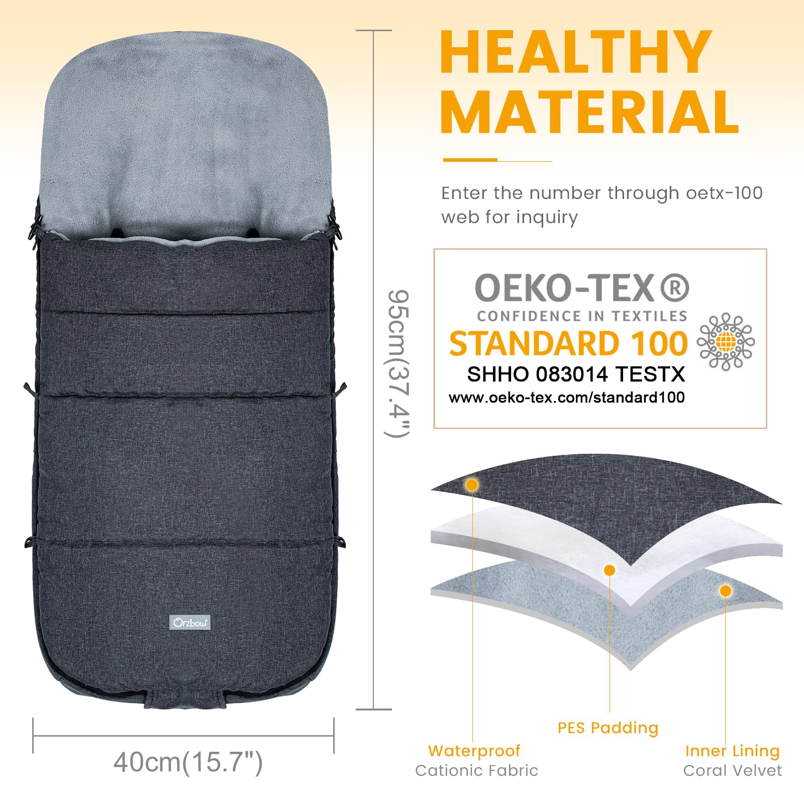 Orzbow Warm Bunting Bag harness slots showcase secure fit on strollers and car seats.