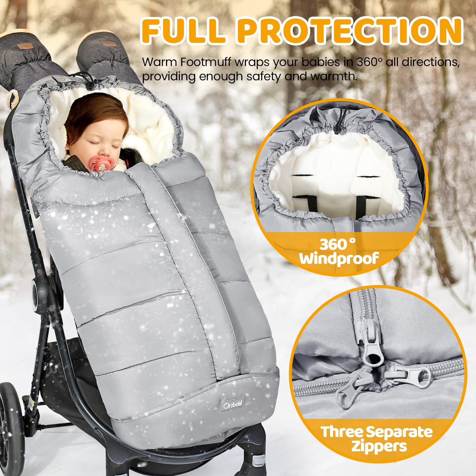 Orzbow warm bunting bag triple-layer insulation maintains comfortable microclimate for toddlers.