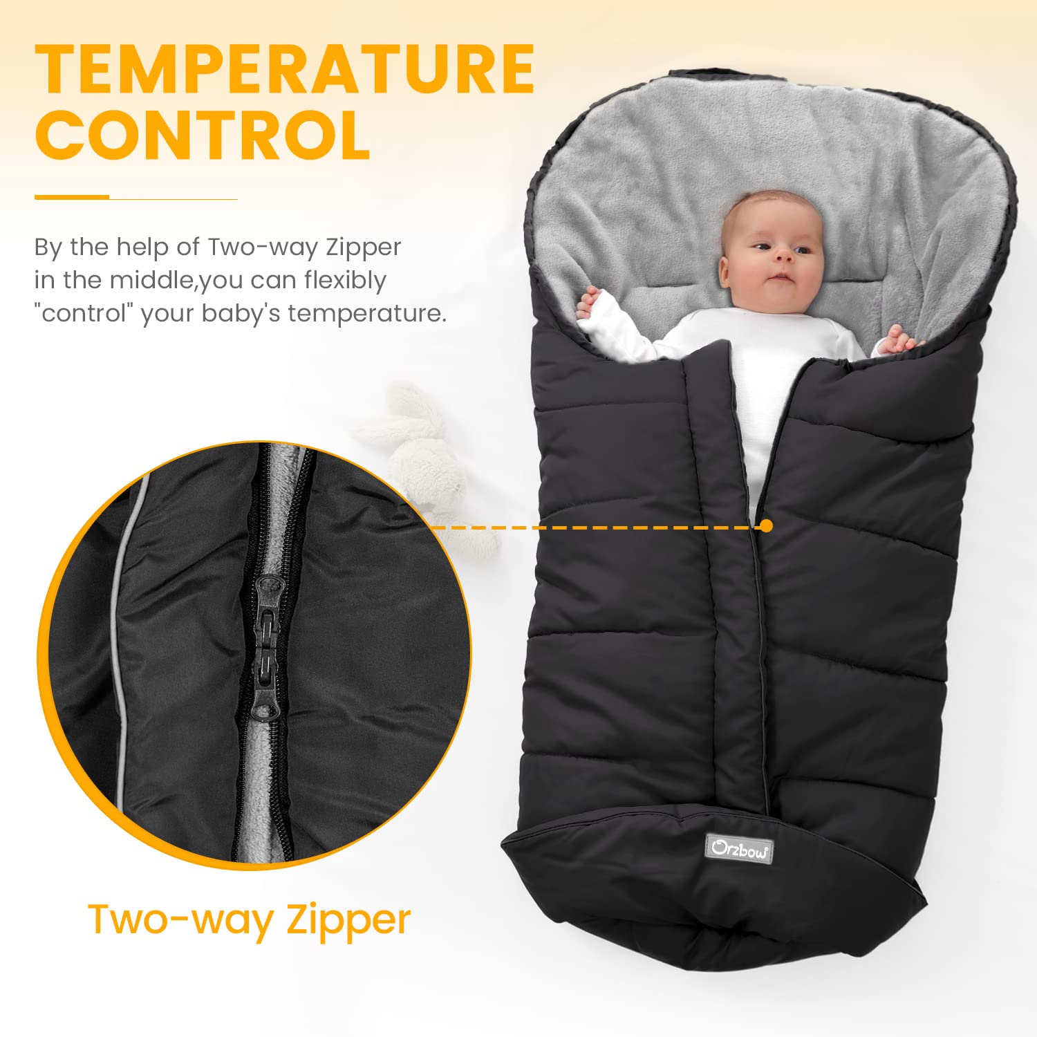 Orzbow Warm Bunting Bag triple-layer-insulation preserves warmth during outings.