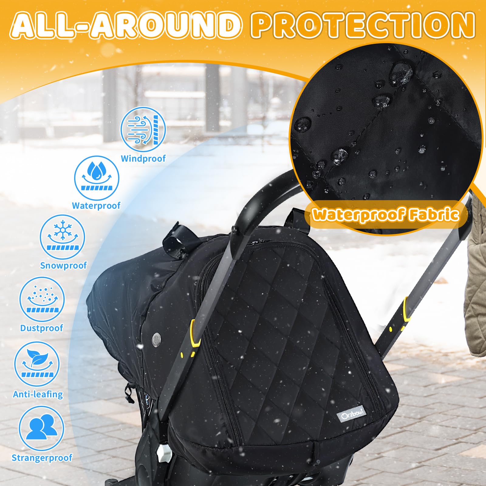 Orzbow waterproof car seat cover keeps baby protected from rain and wind.