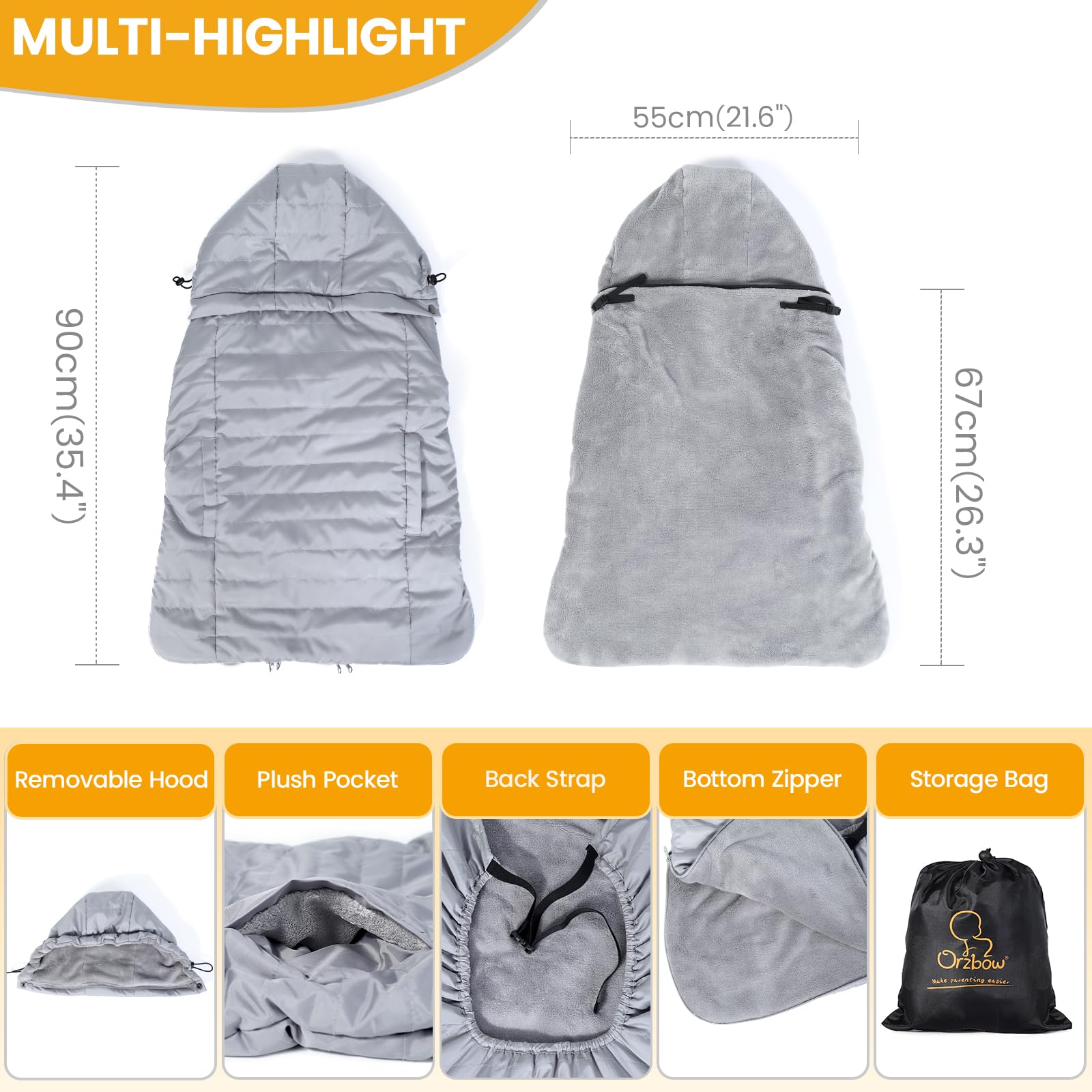 Orzbow winter baby carrier cover showing waterproof fabric for rainy walks