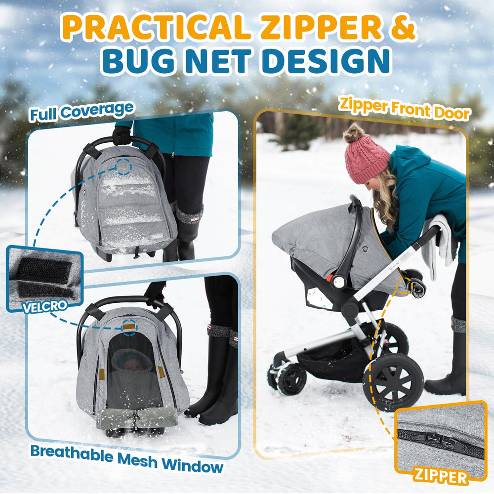 Orzbow winter car-seat-cover front cover flap offers wind and rain shielding during rides.