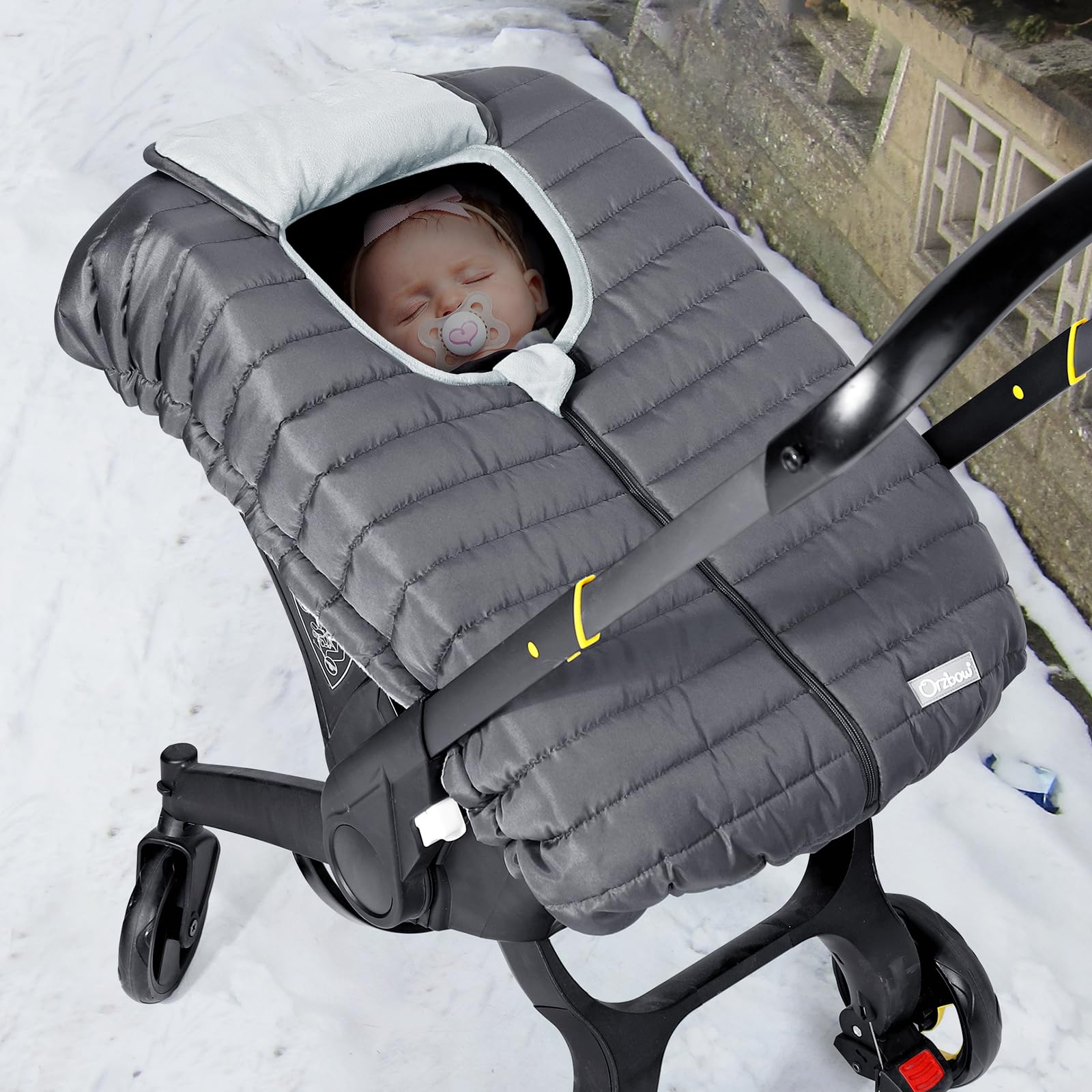 Orzbow winter car seat cover foldable portable fits in diaper bag easily.