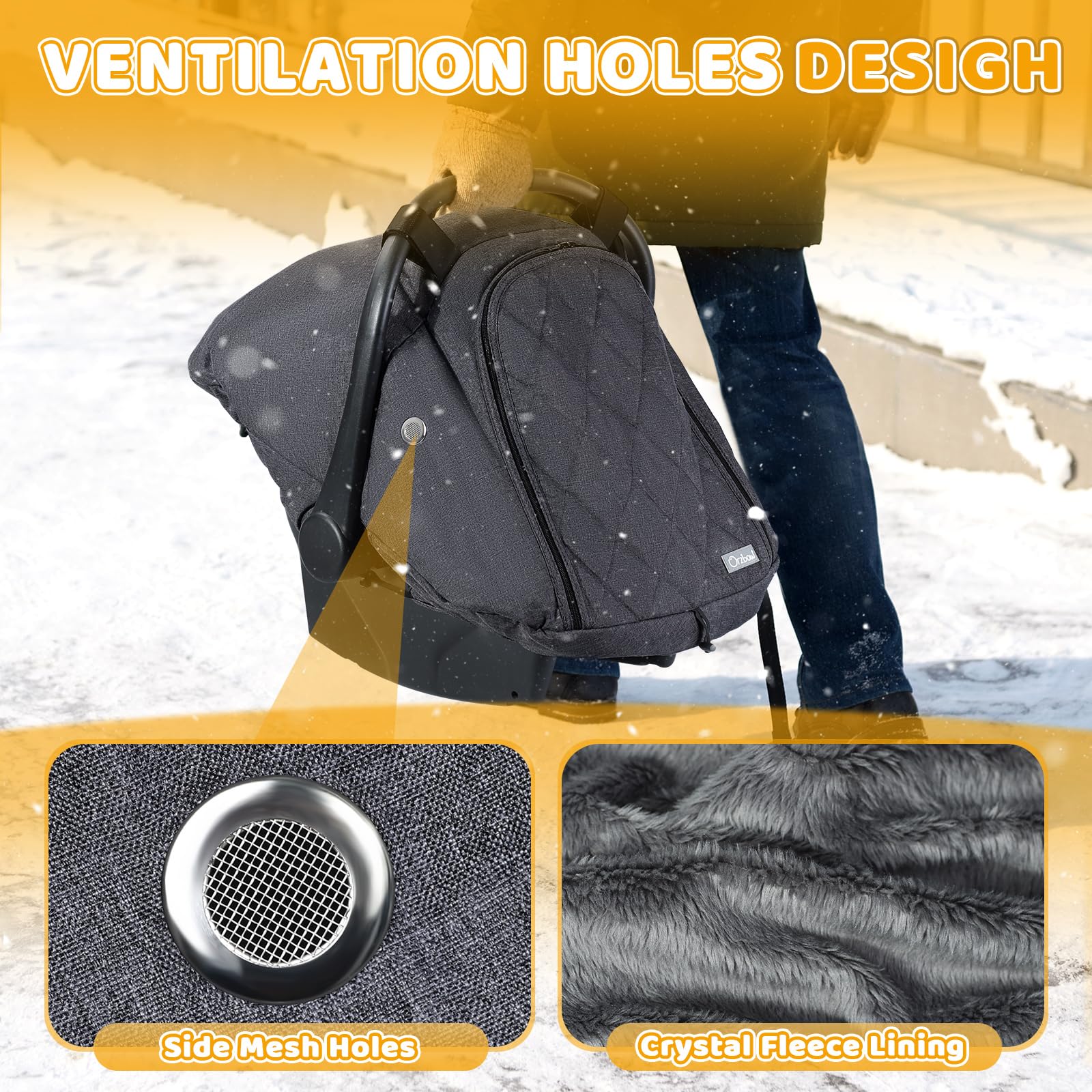 Orzbow Winter Carseat Cover highlights dual-vent airflow for baby comfort.