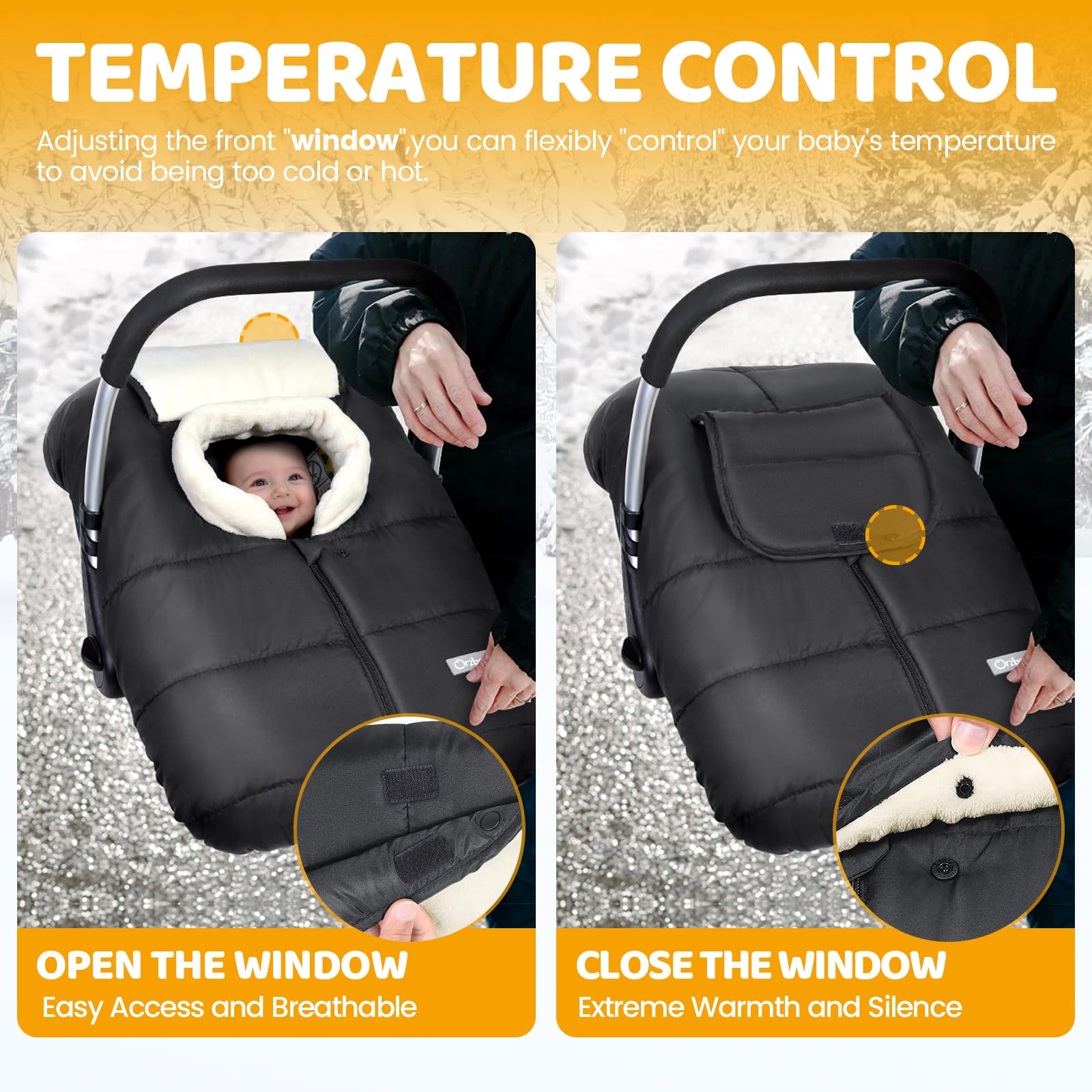 Orzbow Waterproof windproof snowproof Pongee fabric keeps baby dry in wet conditions.