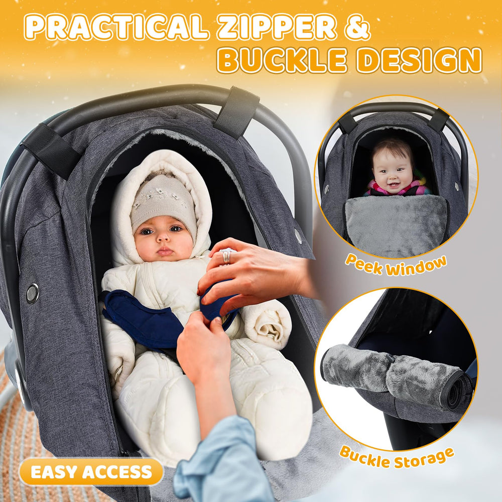 Orzbow Winter Carseat Cover provides zipper-access for quick checks.