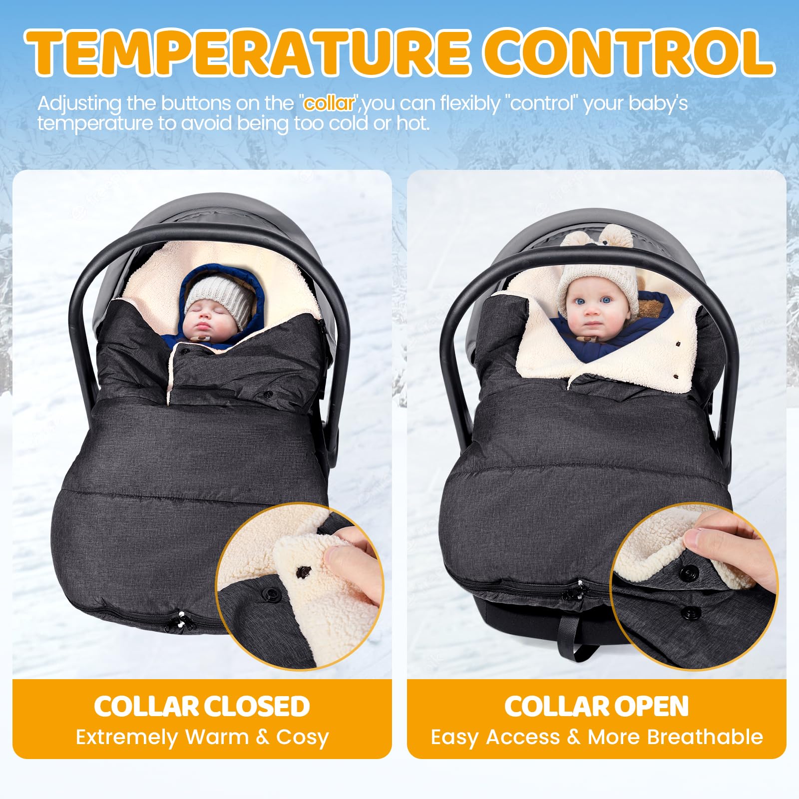 Orzbow carseat cover closed collar for extreme warmth during winter car trips