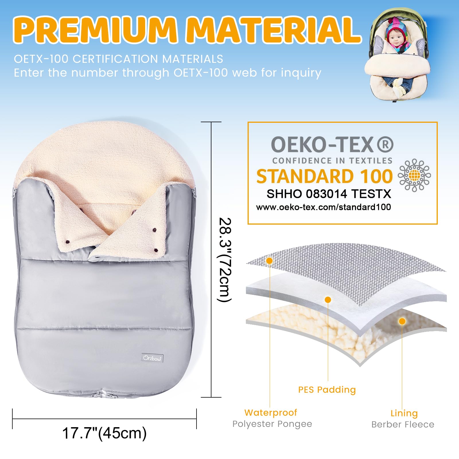 Orzbow Winter Carseat Cover durable zipper allows bottom access for changes