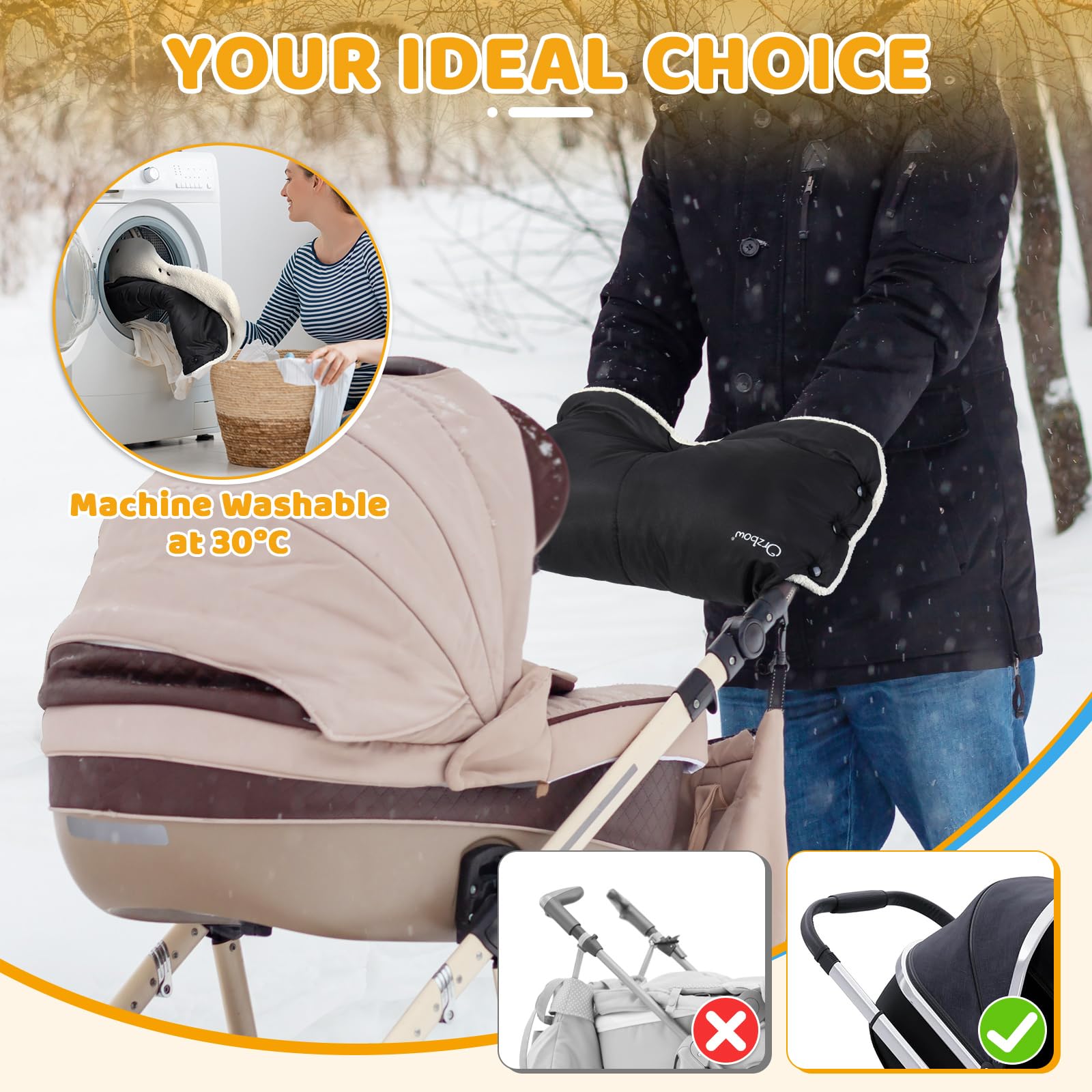 Orzbow gloves attached to stroller handlebar for secure grip and control