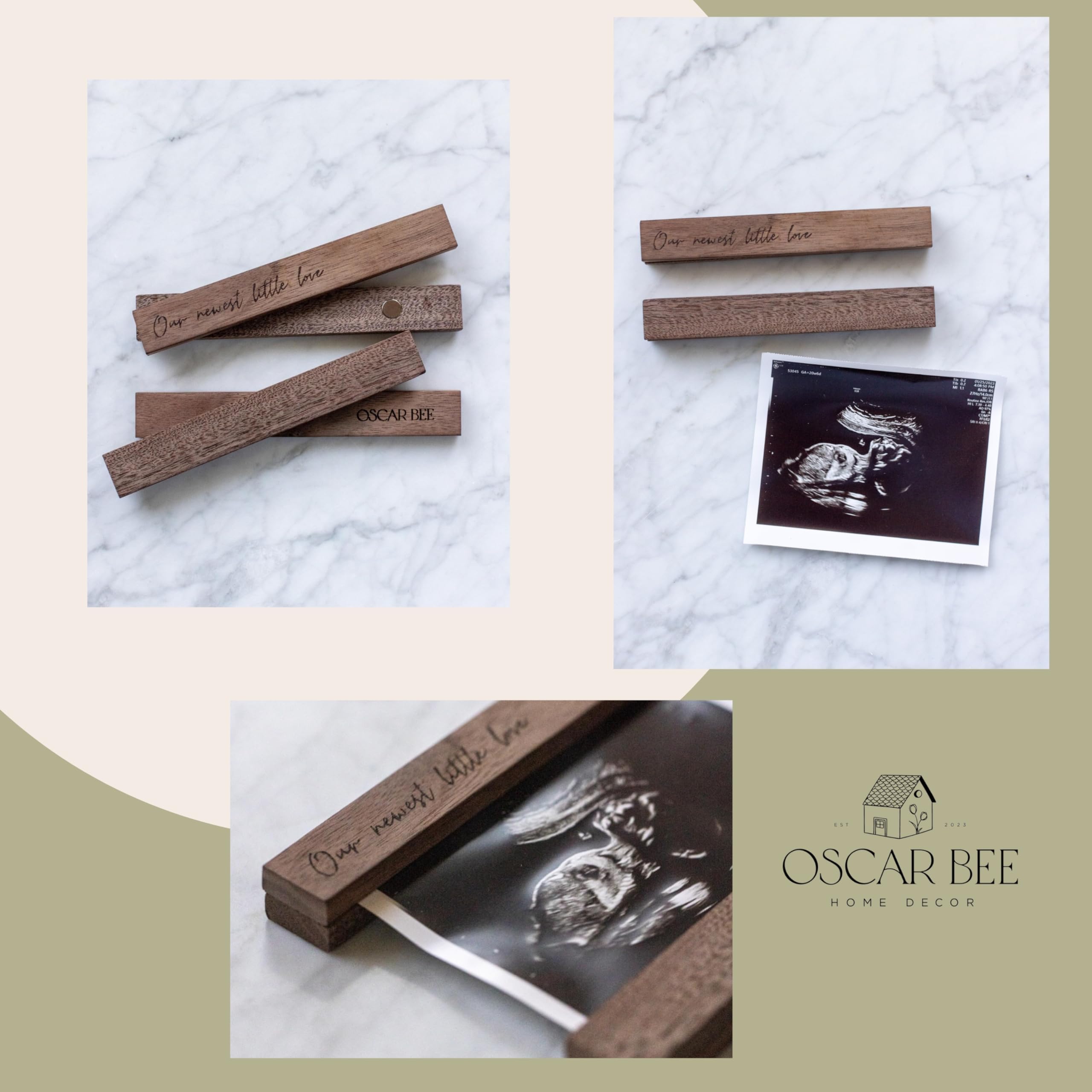 Oscar Bee ultrasound keepsake frame fits modern shelves for sentimental display.