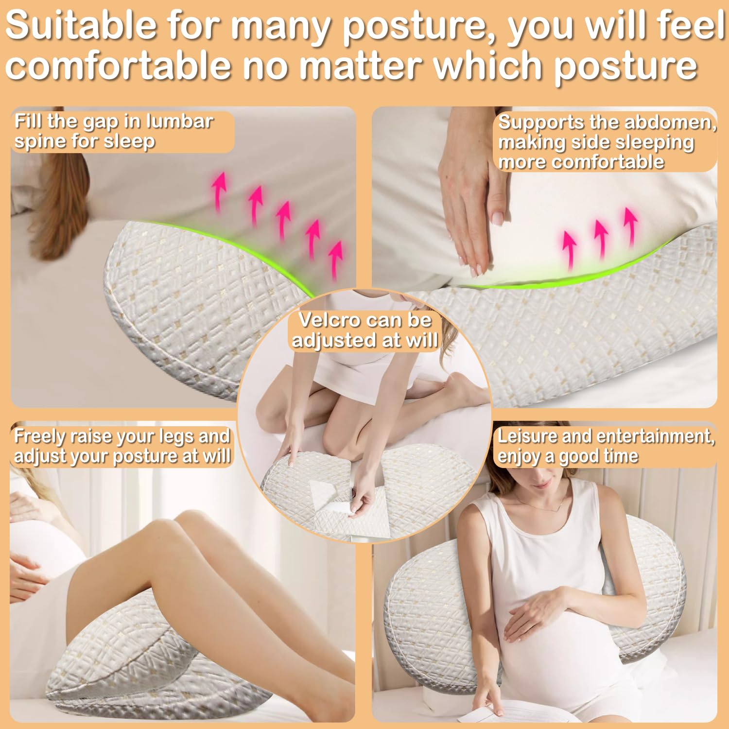 Oskeray pregnancy pillow back-support angle for side-sleep comfort.