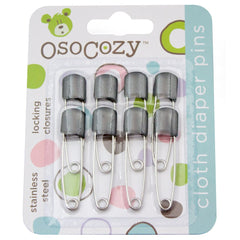 OsoCozy diaper pins black pack-8 close-up for durable diapering.