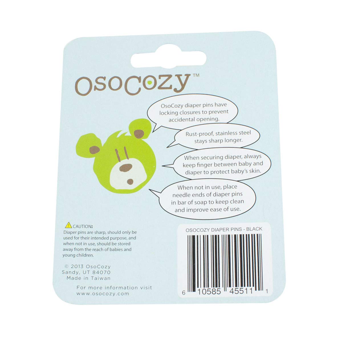 OsoCozy stainless-steel diaper pins with locking closures close-up showing safety.