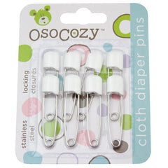 OsoCozy diaper pins in White with locking closures for secure diapering and crafts.