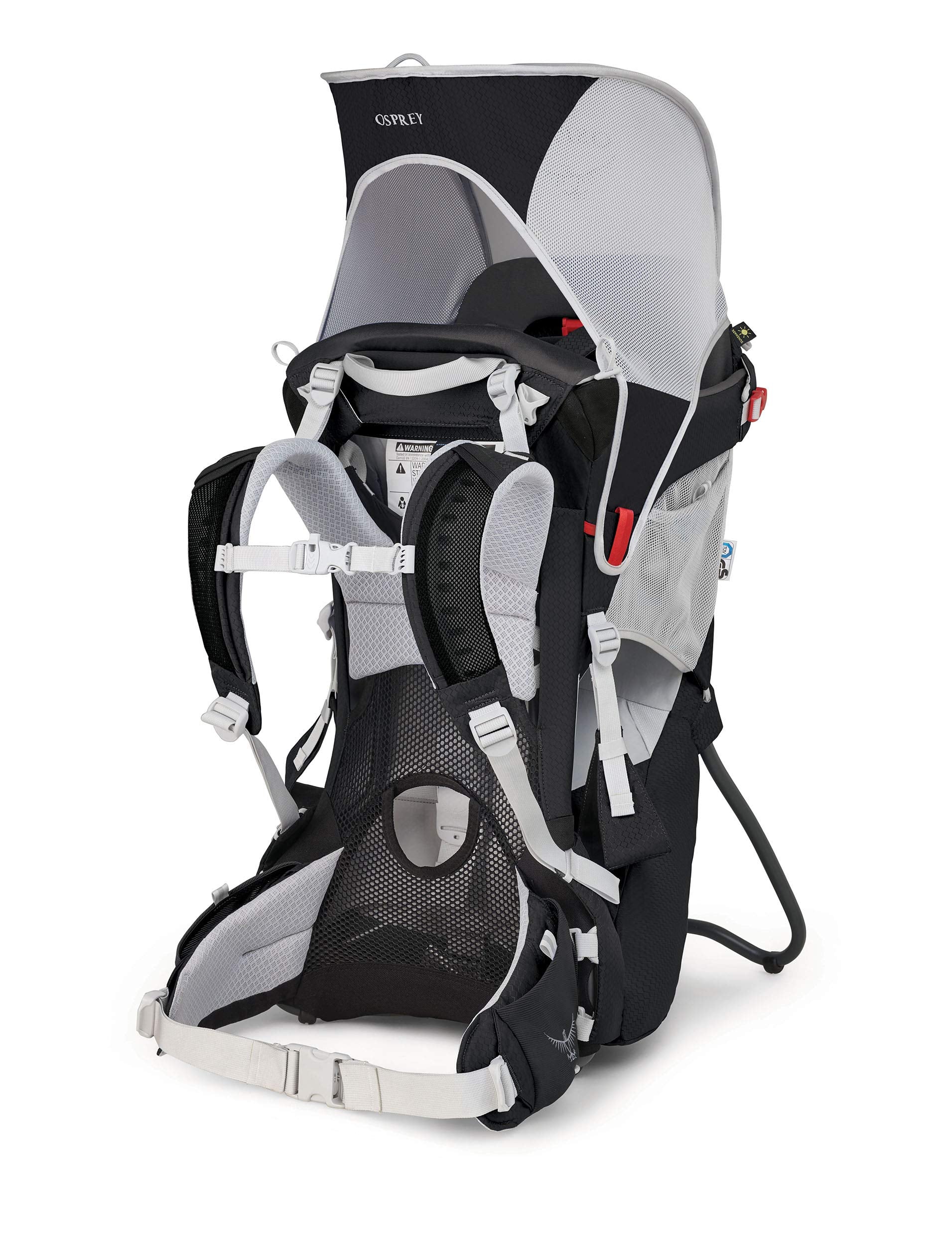 Osprey Poco cord loops and mesh pockets Starry Black for toy and pacifier access.